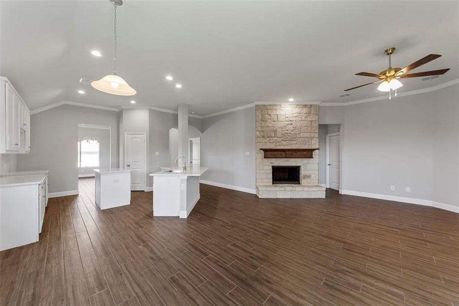 Unfurnished living room featuring sink, a fireplace, crown molding, and dark wood-type flooring