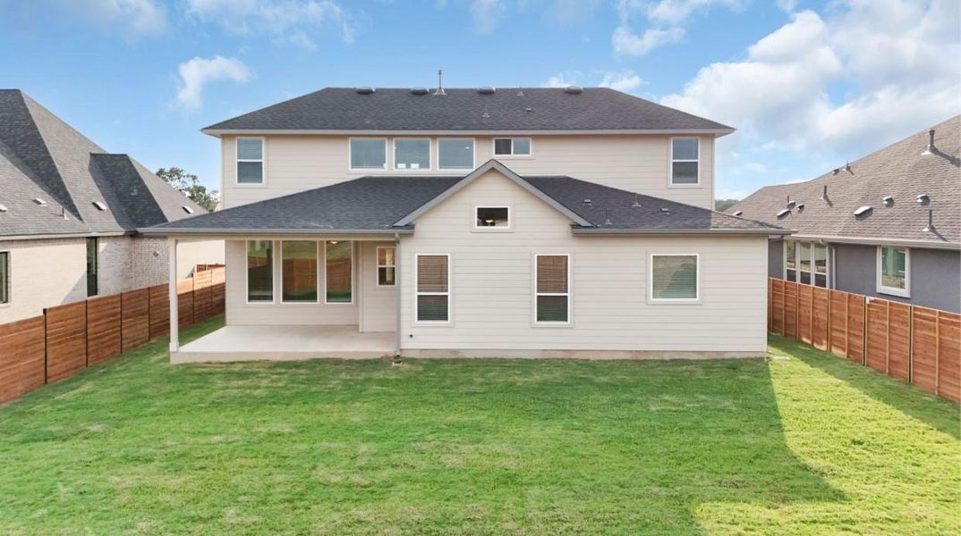 This newly constructed residence offers a generous grassy yard and a covered patio, perfect for outdoor enjoyment. This newly constructed residence offers a generous grassy yard and a covered patio, perfect for outdoor enjoyment.