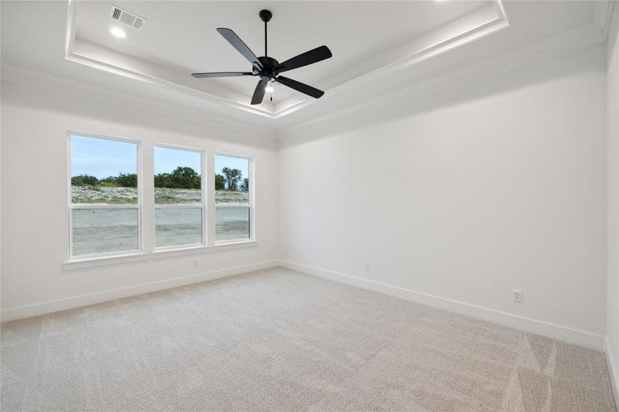 Empty room featuring ceiling fan, carpet, and a tray ceiling