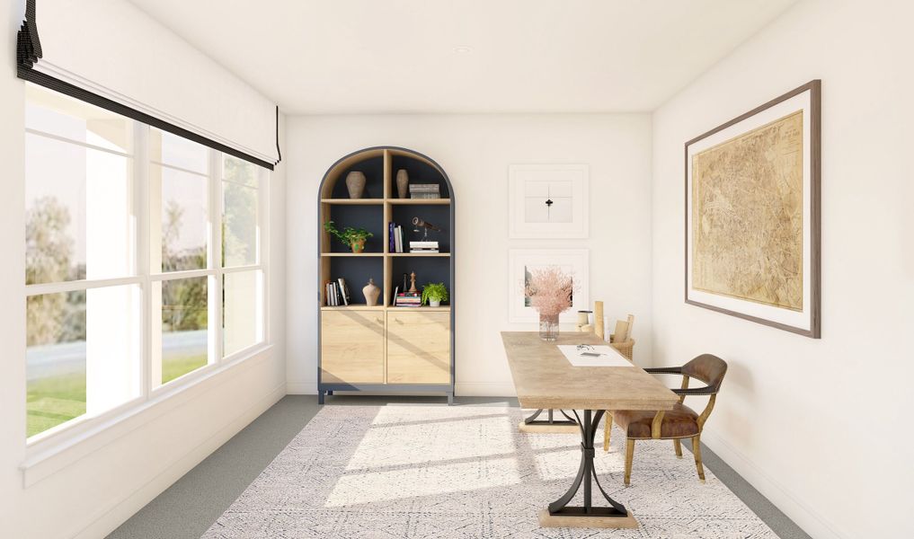 Private home office with double barn doors off foyer