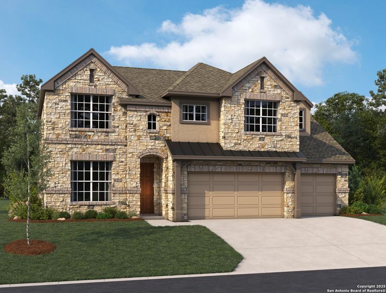 Front exterior of a new home in Sunday Creek at Kinder Ranch, San Antonio, TX, highlighting curb appeal (Image 15). Front exterior of a new home in Sunday Creek at Kinder Ranch, San Antonio, TX, highlighting curb appeal (Image 15).