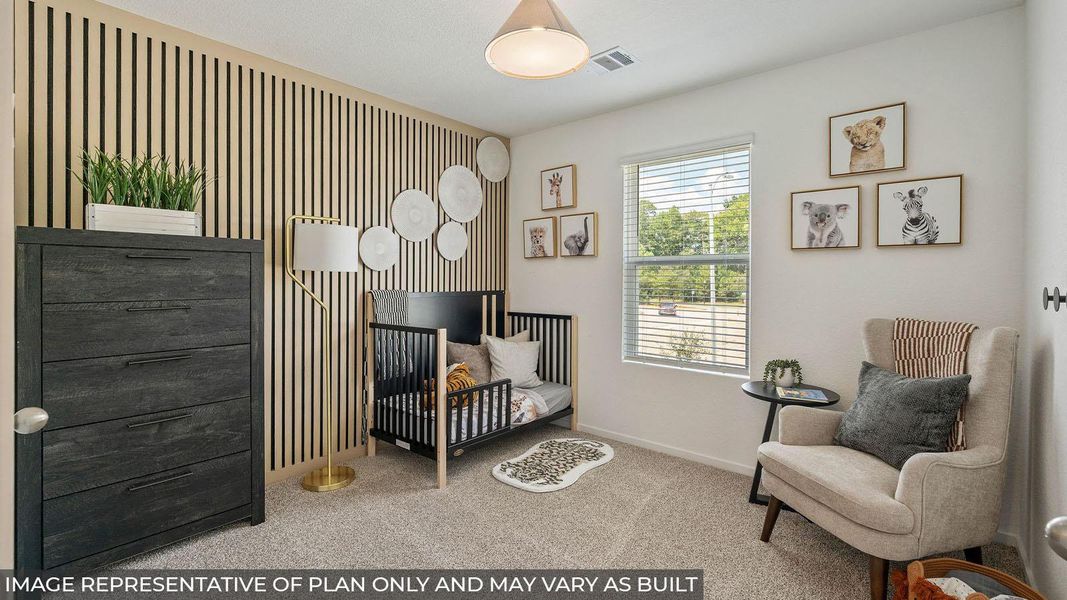 A well-lit bedroom with carpeting features a decorative slatted accent wall and a large window. A well-lit bedroom with carpeting features a decorative slatted accent wall and a large window.