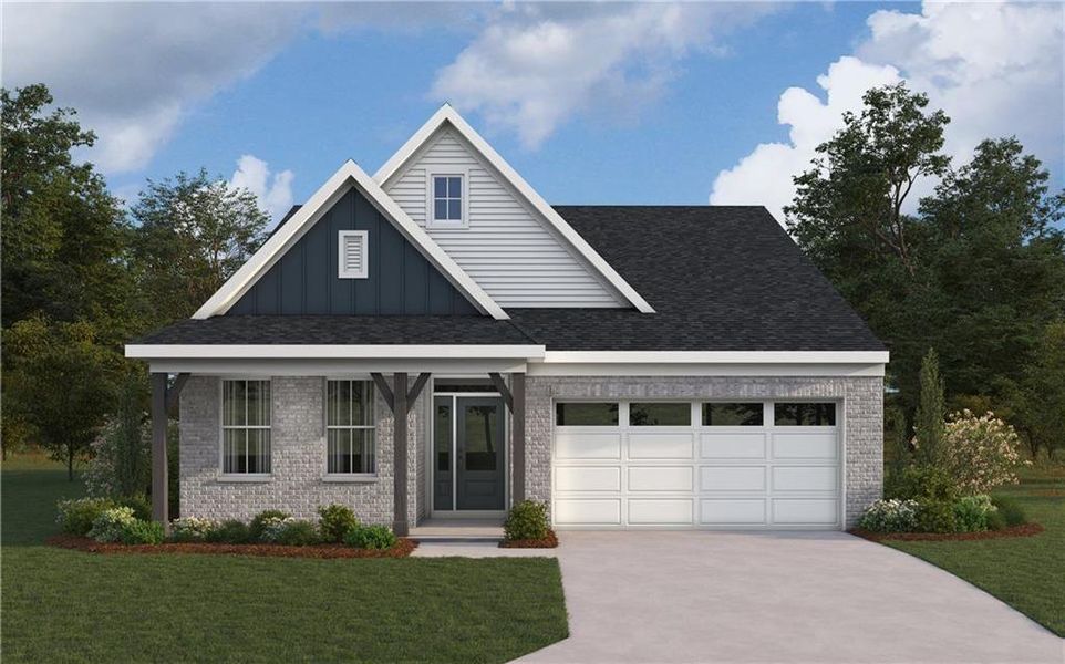 Front exterior of a new home in Laurel Farms, Dallas, GA, highlighting curb appeal (Image 1). Front exterior of a new home in Laurel Farms, Dallas, GA, highlighting curb appeal (Image 1).