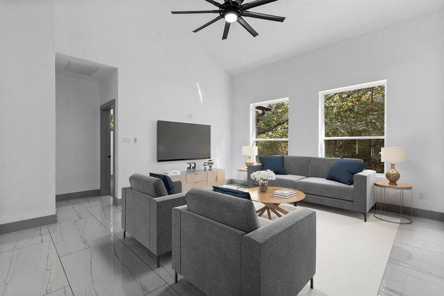 Virtually staged - the living area has high cathedral ceilings