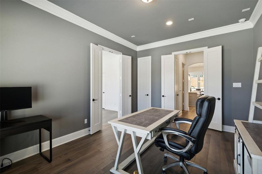 Office with ornamental molding and dark hardwood / wood-style flooring