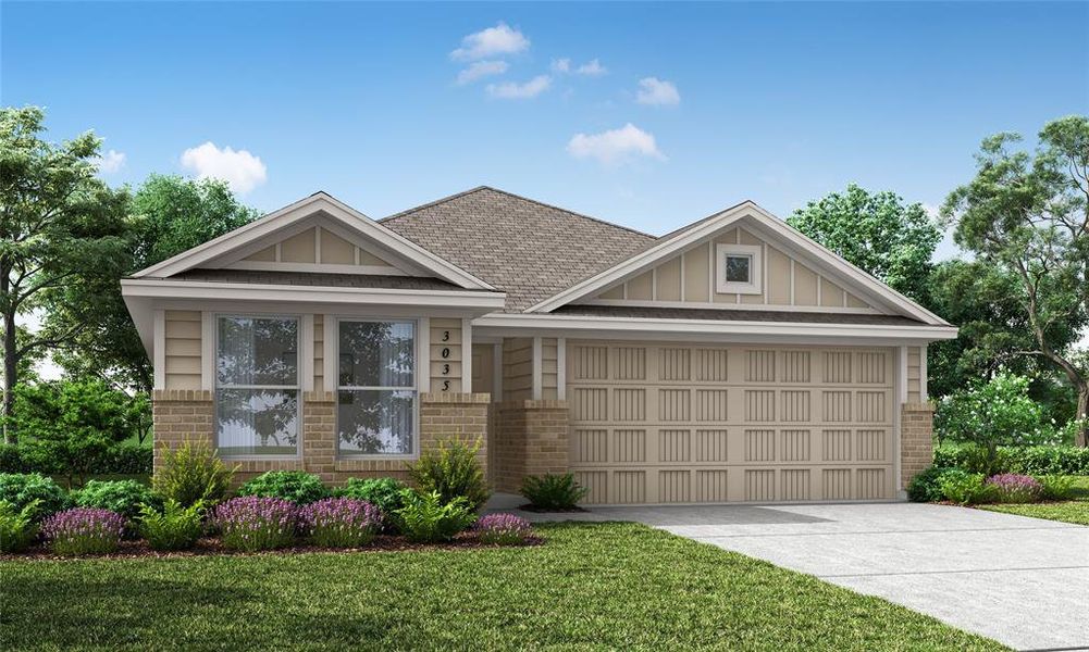 Craftsman-style house featuring a garage and a front yard