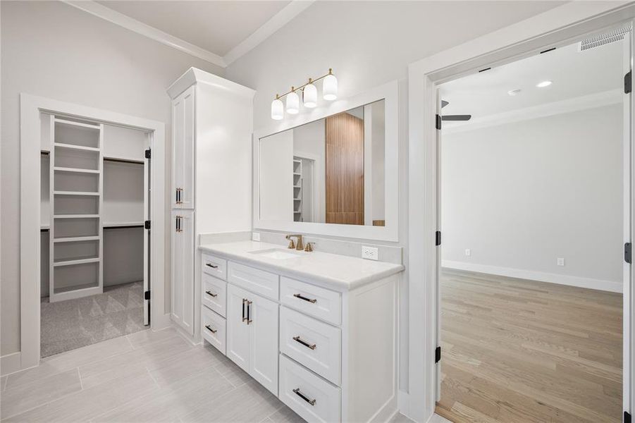 Bathroom with crown molding, vanity, and a walk in closet