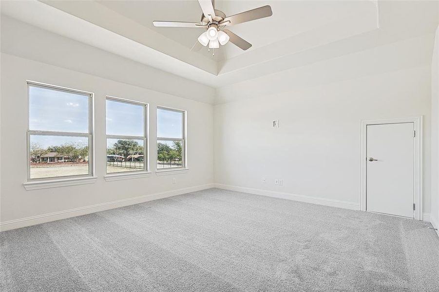 Carpeted spare room with ceiling fan and a raised ceiling