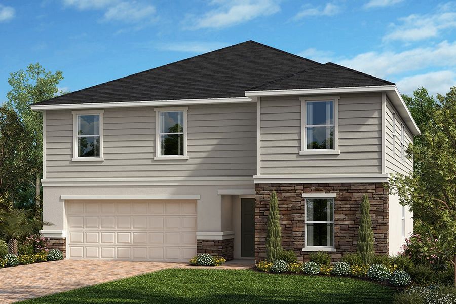 Front exterior of a new home in Gardens at Waterstone II, Palm Bay, FL, highlighting curb appeal (Image 1). Front exterior of a new home in Gardens at Waterstone II, Palm Bay, FL, highlighting curb appeal (Image 1).