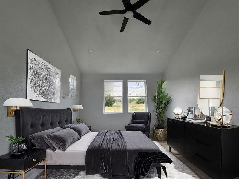 Bedroom with light wood-type flooring, high vaulted ceiling, and ceiling fan. g. Virtual view