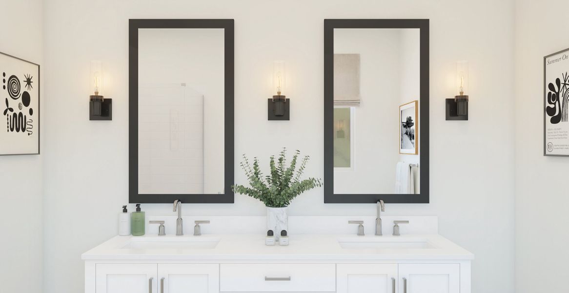 Primary bath with black-framed mirrors Primary bath with black-framed mirrors
