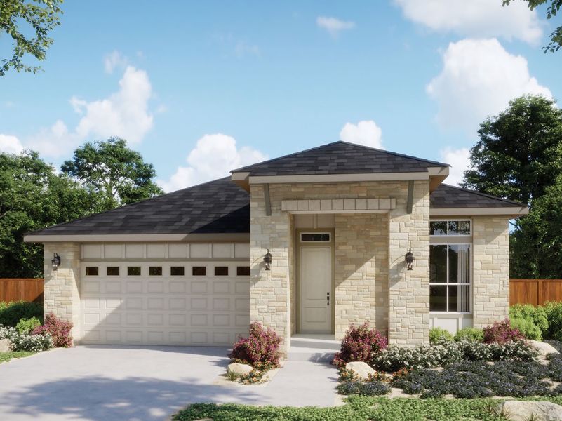 Front exterior of a new home in Persimmon, Buda, TX, highlighting curb appeal (Image 1).