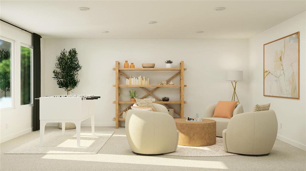 Living area featuring light colored carpet