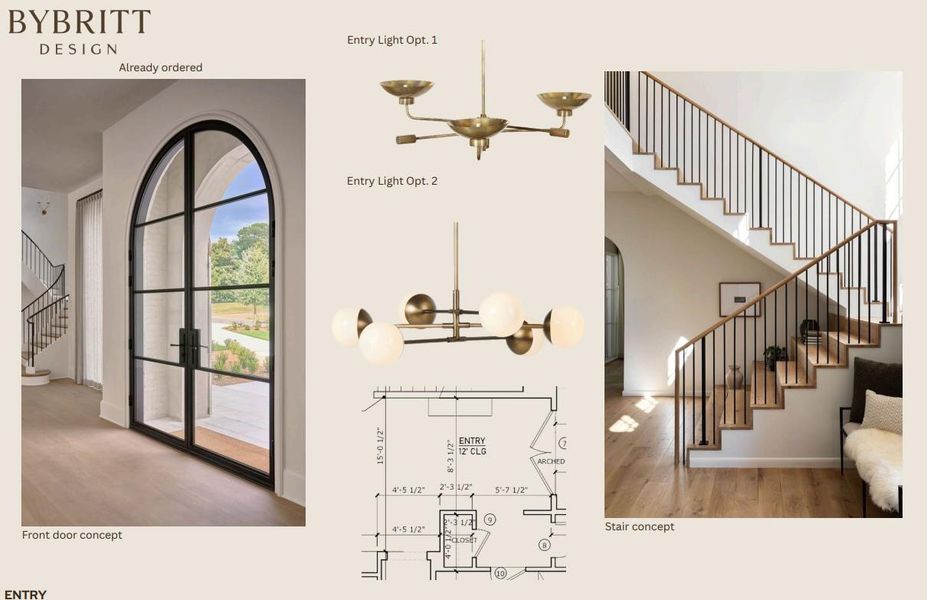 Elegant arched glass doors open to an inviting entry, complemented by a contemporary staircase with sleek railings.