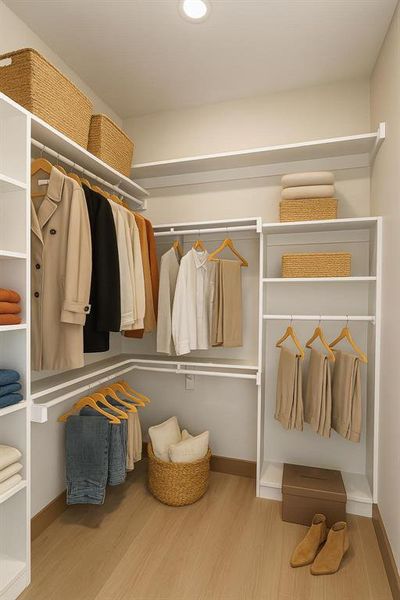 Walk in closet featuring light wood finished floors Walk in closet featuring light wood finished floors