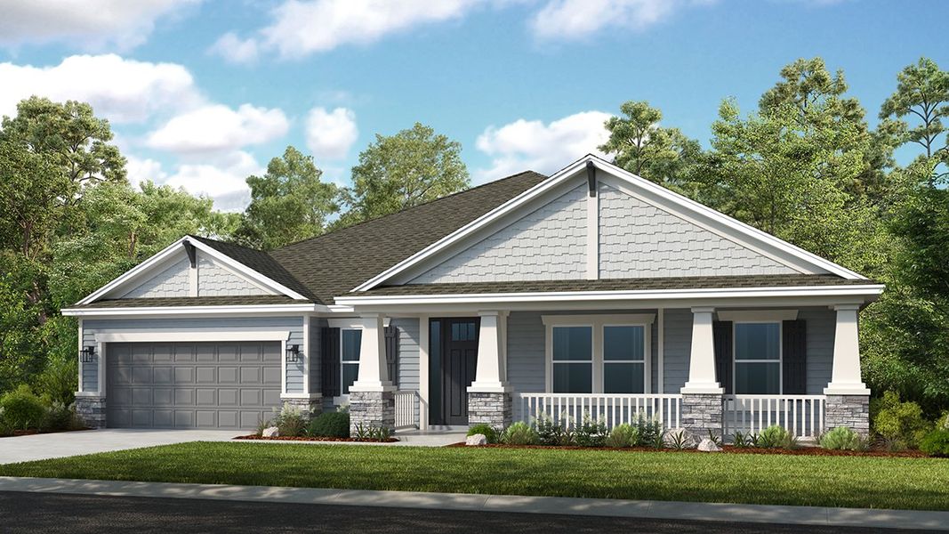 Front exterior of a new home in Headwaters at Lofton Creek, Yulee, FL, highlighting curb appeal (Image 1). Front exterior of a new home in Headwaters at Lofton Creek, Yulee, FL, highlighting curb appeal (Image 1).