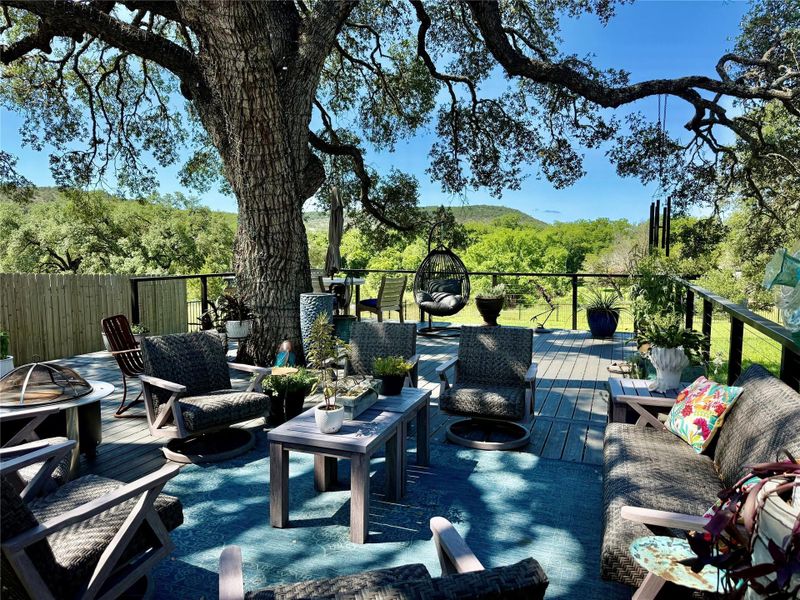 Expansive outdoor deck featuring a large mature tree with extensive canopy, black metal railing and a slatted privacy fence