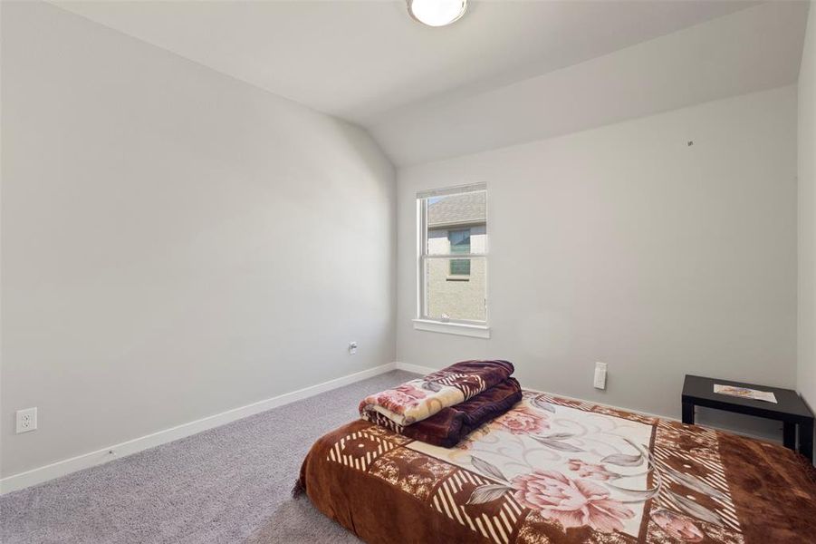 Carpeted bedroom with baseboards and lofted ceiling Carpeted bedroom with baseboards and lofted ceiling