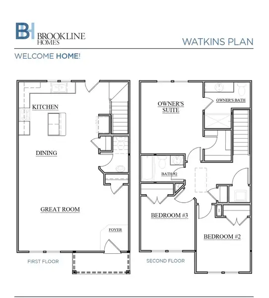 2D floor plan layout for the Watkins by Brookline Homes in The Crossing at Cramerton Mills, Gastonia, NC (Image 3).