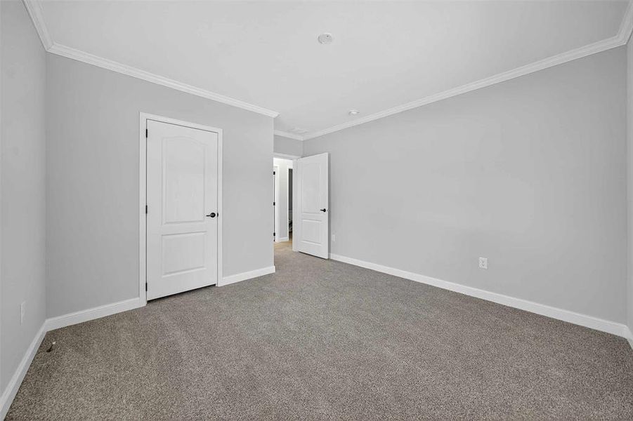 Unfurnished bedroom featuring crown molding, carpet, and a closet Unfurnished bedroom featuring crown molding, carpet, and a closet