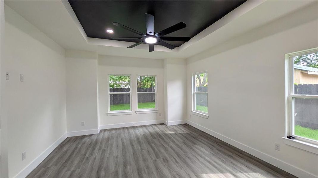 Unfurnished room featuring ceiling fan, plenty of natural light, wood finished floors, and a raised ceiling