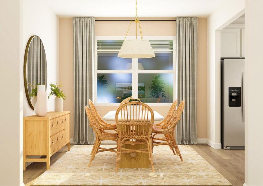 Rendering of the dining room in the
  Hendrie floor plan. The space has a large window and wood-style flooring. A
  six-person table and buffet cabinet fill the space.