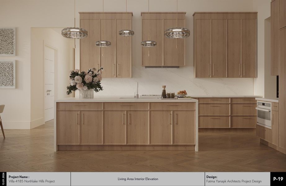 Kitchen with parquet floors, oven, hanging light fixtures, and light wood finish cabinetry