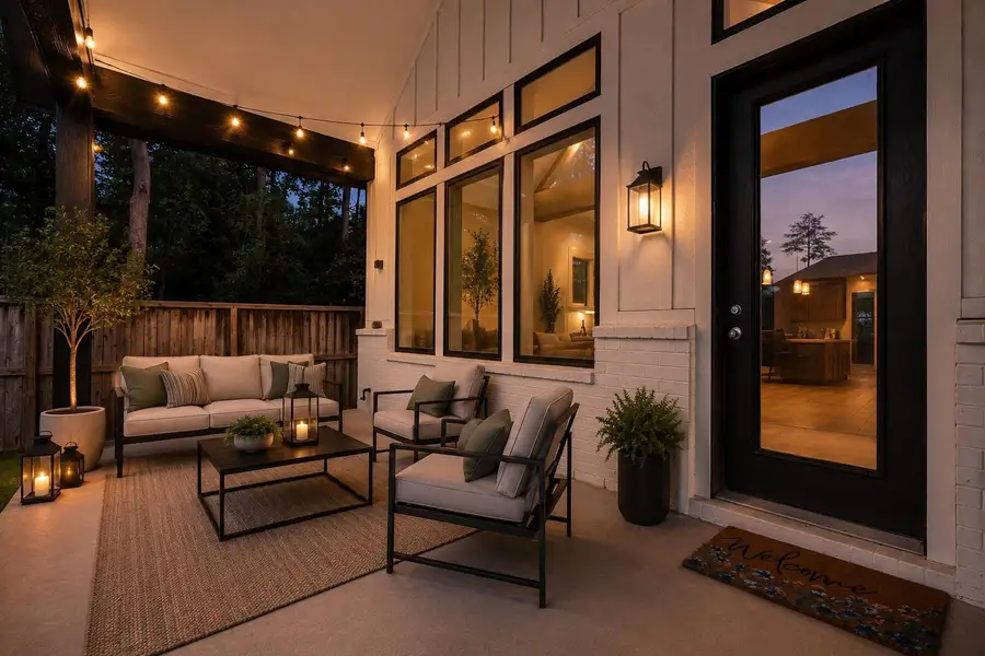 Perfect blend of comfort and elegance in this virtually staged outdoor retreat, featuring cozy seating and ambient lighting for serene evenings.