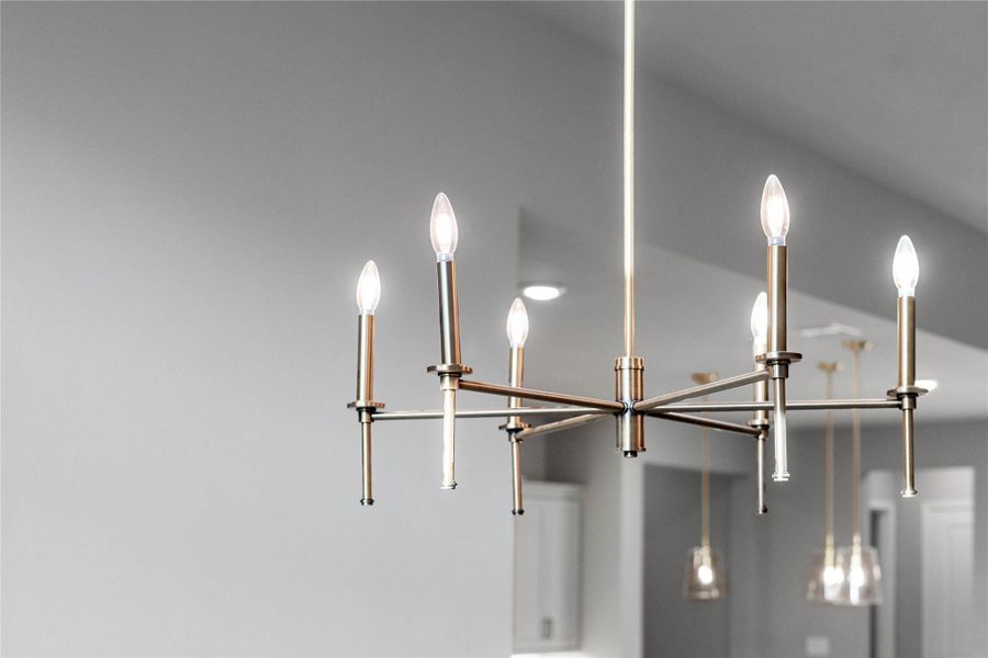 This chandelier is a member of the Elara Collection, featuring a "new traditional" design that elegantly bridges the gap between classic and modern styles.
