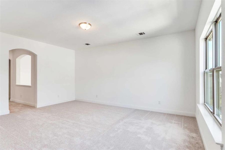 Unfurnished room with light carpet and arched walkways Unfurnished room with light carpet and arched walkways