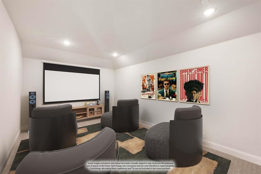 Home theater room with projection screen, multiple lounge chairs, floor speakers, and movie posters on the wall Home theater room with projection screen, multiple lounge chairs, floor speakers, and movie posters on the wall