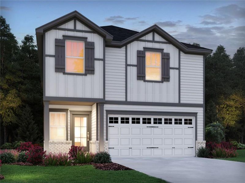 Front exterior of a new home in Hemingway - Reserve Series, Cumming, GA, highlighting curb appeal (Image 1). Front exterior of a new home in Hemingway - Reserve Series, Cumming, GA, highlighting curb appeal (Image 1).