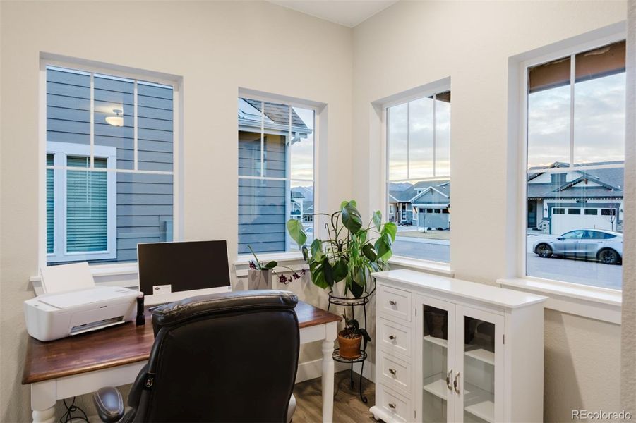 This office space in the front of the home has great views of Pikes Peak. This office space in the front of the home has great views of Pikes Peak.