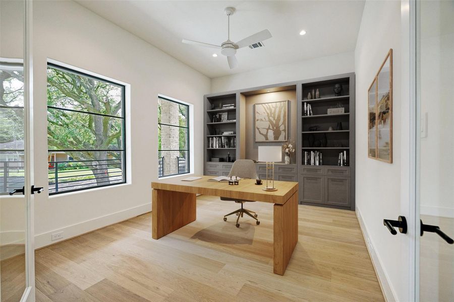 Study on the first floor (virtually staged with optional cabinetry).