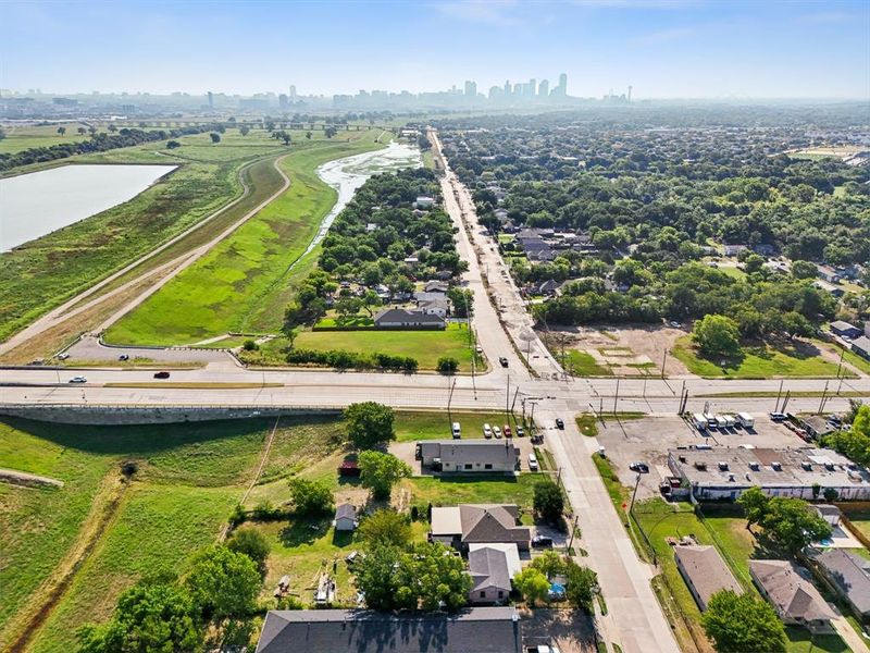 Aerial shot with the Dallas skyline in view