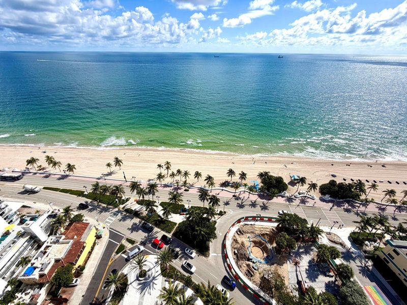 Direct eastern sunrise view overlooking Fort Lauderdale Beach, visible from the Great Room terrace.