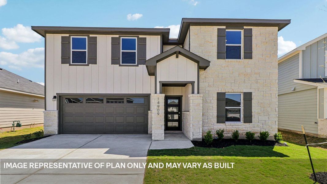 Front exterior of a new home in Monarch Ranch, Manor, TX, highlighting curb appeal (Image 2).