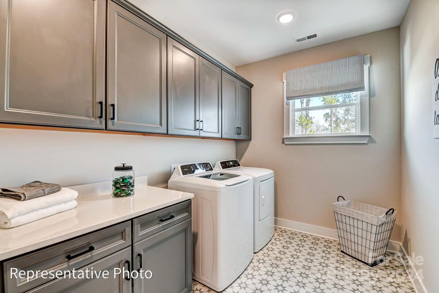 Laundry Room will feature upper & lower cabinets, Quartz counters and marbled hex tile flooring