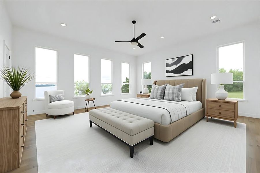 Virtually Staged Bedroom featuring light wood-style flooring, baseboards, recessed lighting, and ceiling fan Virtually Staged Bedroom featuring light wood-style flooring, baseboards, recessed lighting, and ceiling fan