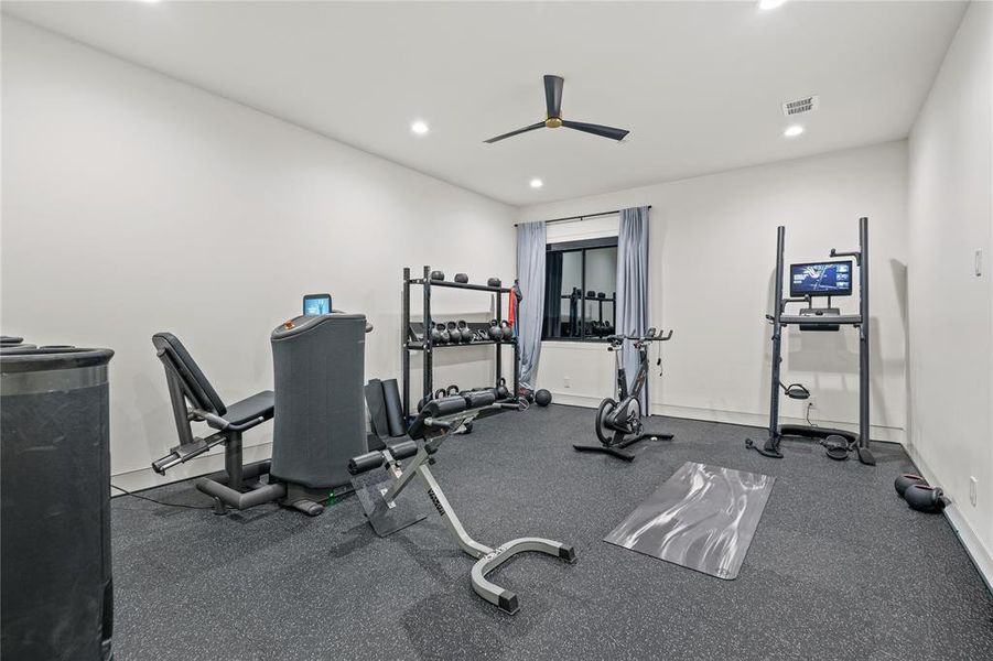 Workout room with recessed lighting and ceiling fan Workout room with recessed lighting and ceiling fan