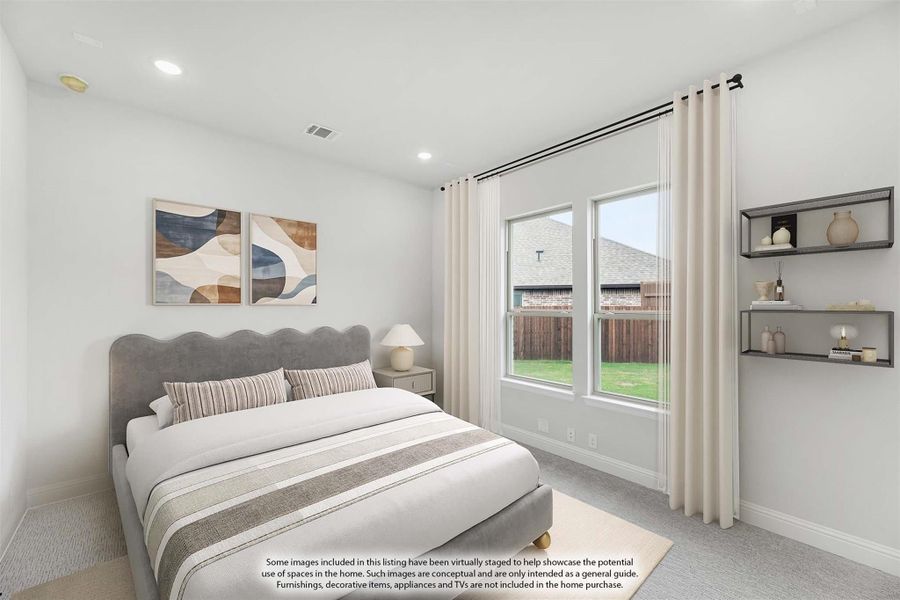 Bedroom with gray upholstered bed, carpet flooring, large window with curtains, and wall-mounted shelves Bedroom with gray upholstered bed, carpet flooring, large window with curtains, and wall-mounted shelves
