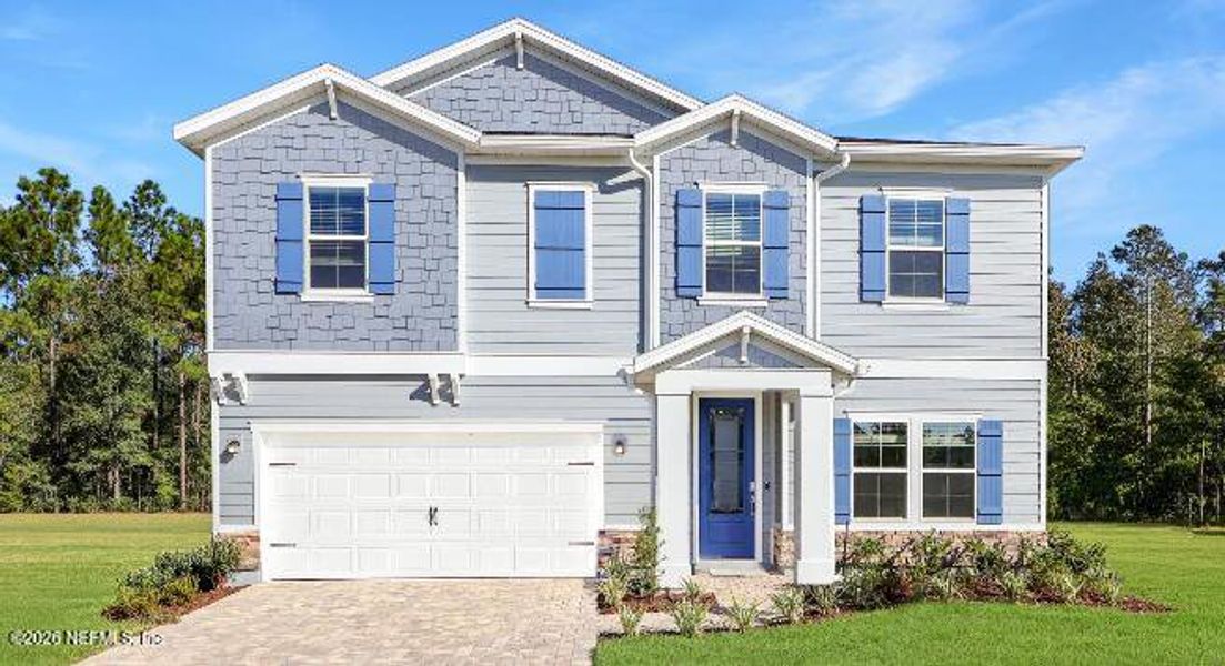 Front exterior of a new home in Silver Meadows at SilverLeaf, St. Augustine, FL, highlighting curb appeal (Image 1). Front exterior of a new home in Silver Meadows at SilverLeaf, St. Augustine, FL, highlighting curb appeal (Image 1).