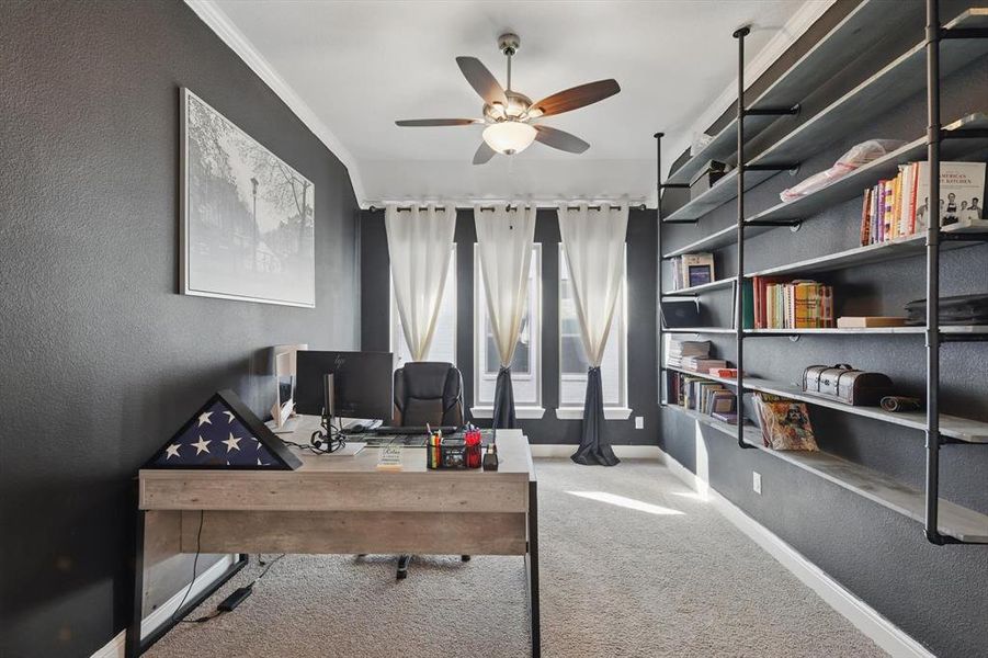 How's this for a Home Office! This functional space could be used for so many options - a Hobby Room, Music Room or Exercise Room come to mind.....Even a Children's Play Room or Home School Room.