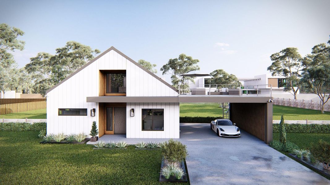 View of front of house with board and batten siding, a carport, and concrete driveway