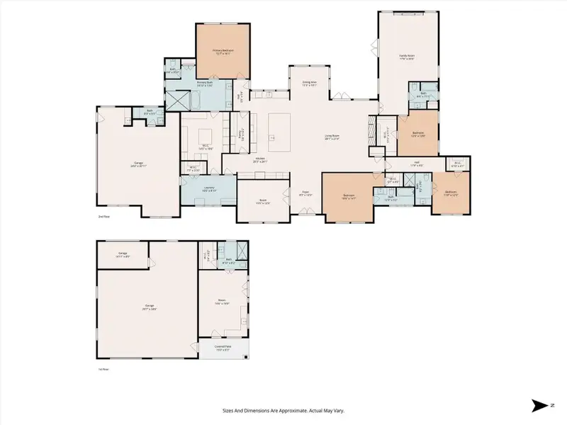 Thoughtfully designed split-plan layout featuring spacious living areas, a private primary suite, generously sized secondary bedrooms, multiple flex rooms, and extensive garage space—including a connected casita with its own living area and bath. Perfectly arranged for comfort, function, and multi-generational living.