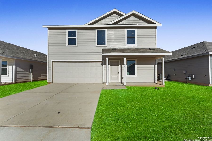 Front exterior of a new home in Friendship Oaks, Fredericksburg, TX, highlighting curb appeal (Image 1). Front exterior of a new home in Friendship Oaks, Fredericksburg, TX, highlighting curb appeal (Image 1).