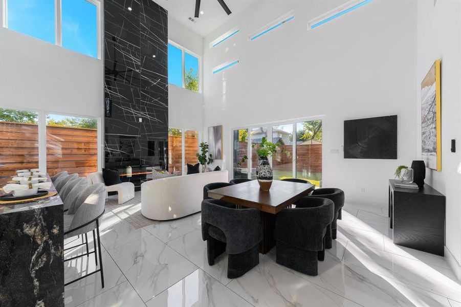 Floor to ceiling tiled fireplace. Floor to ceiling tiled fireplace.