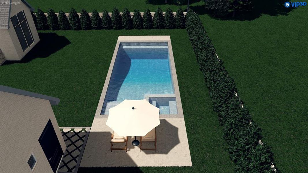 View of swimming pool with a patio and a yard