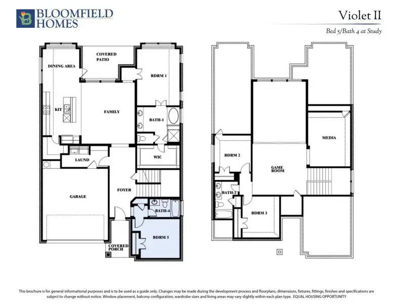 Bloomfield Homes Violet II floor plan showing 5-bedroom, 4-bath two-story layout with game room, media room, and covered patio.