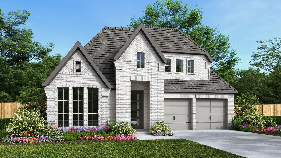 Front exterior of a new home in Valencia, Manvel, TX, highlighting curb appeal (Image 1). Front exterior of a new home in Valencia, Manvel, TX, highlighting curb appeal (Image 1).